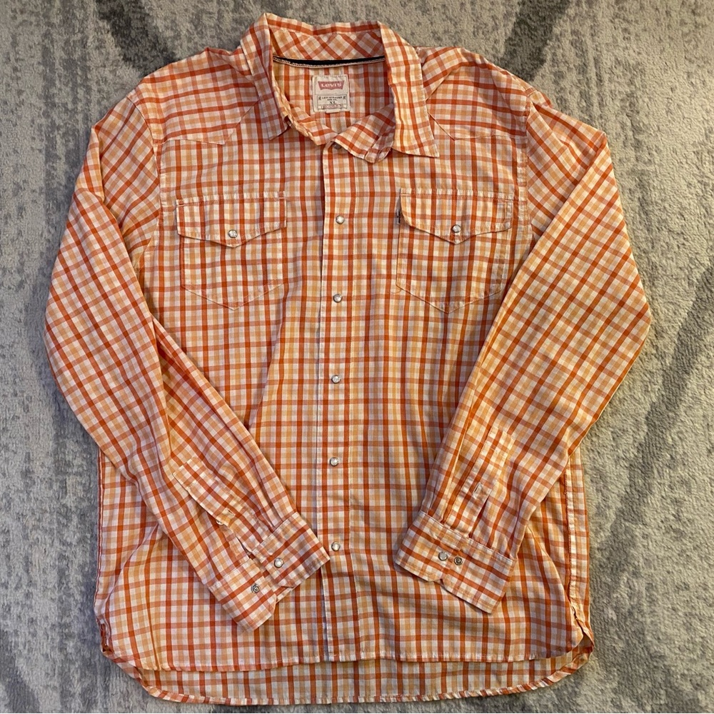 Levi's Modern Western Orange White Plaid Check Shirt XL Long Sleeve Pearl Snap